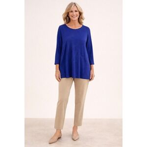Chicos Travelers Royal Blue Asymmetrical Tunic Top XL Acetate Stretch 3/4 Sleeve